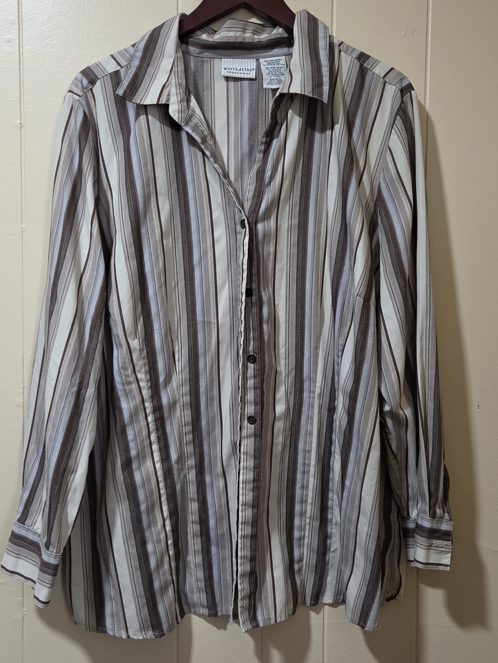 White Stag Men's Cream and Brown Striped Button-Up Shirt